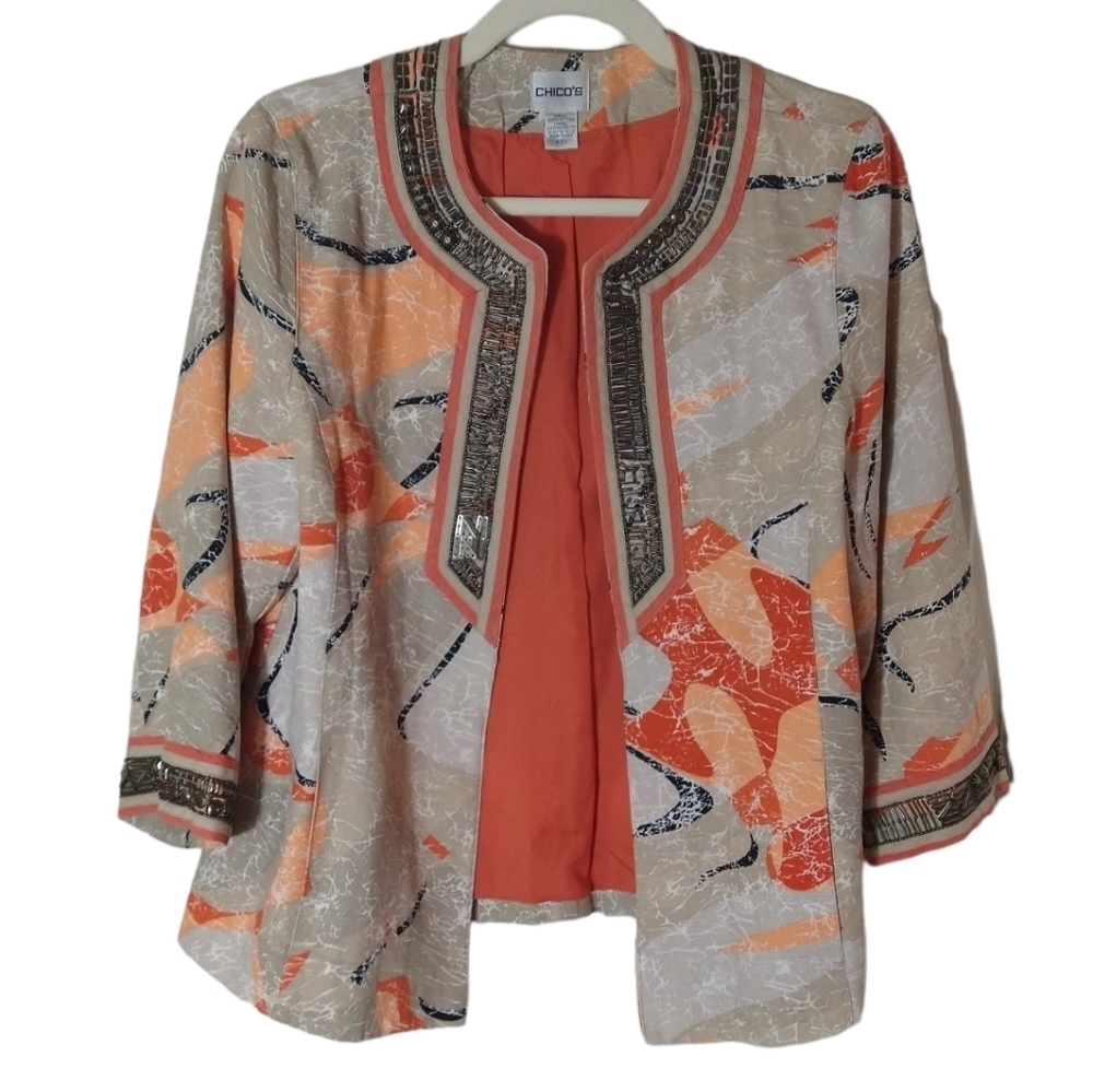 Chico's open front 3/4 sleeve beaded blazer shacket top‎